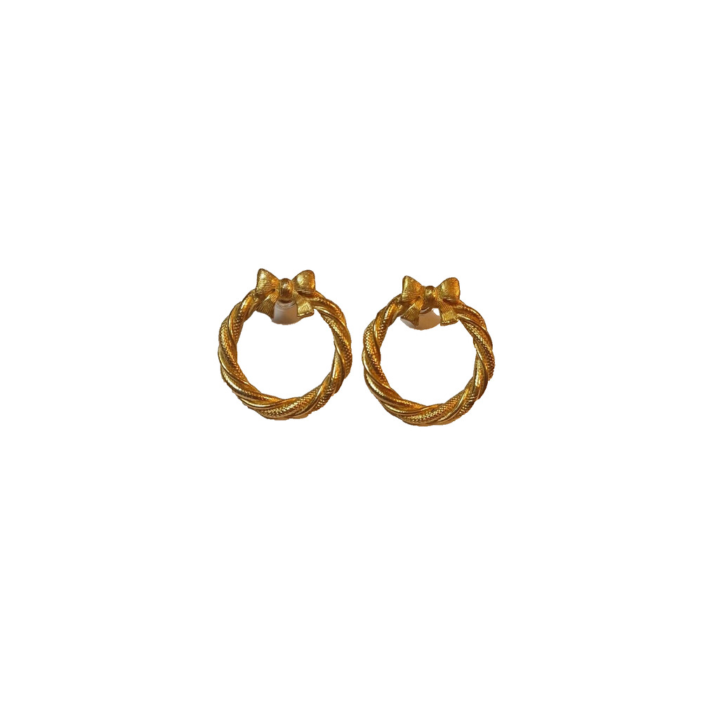 Christmas Holiday Wreath Gold tone Pierced Earrings With Bow GP